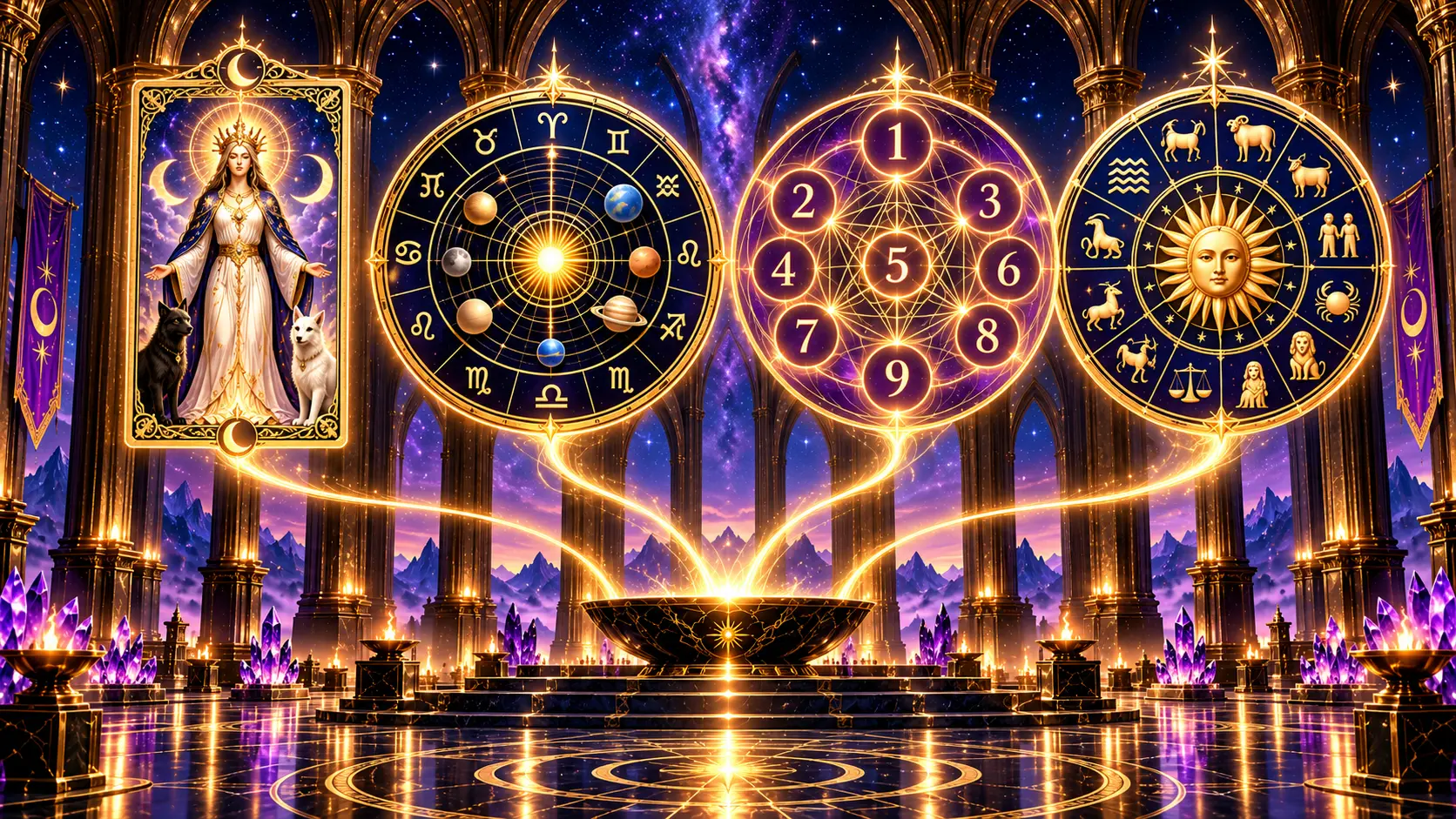 Catedral cósmica dourada com carta de tarô, mapa astral, números de 1 a 9 e roda zodiacal, unidos sobre um altar luminoso