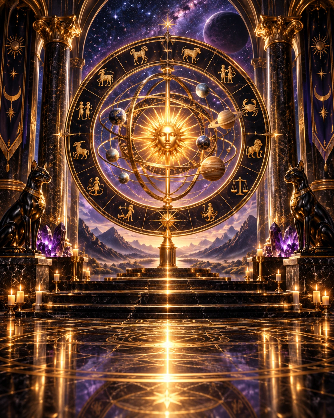 Tarô Oracular — esfera armilar dourada com planetas e símbolos zodiacais para o Mapa Astral — Mallerba