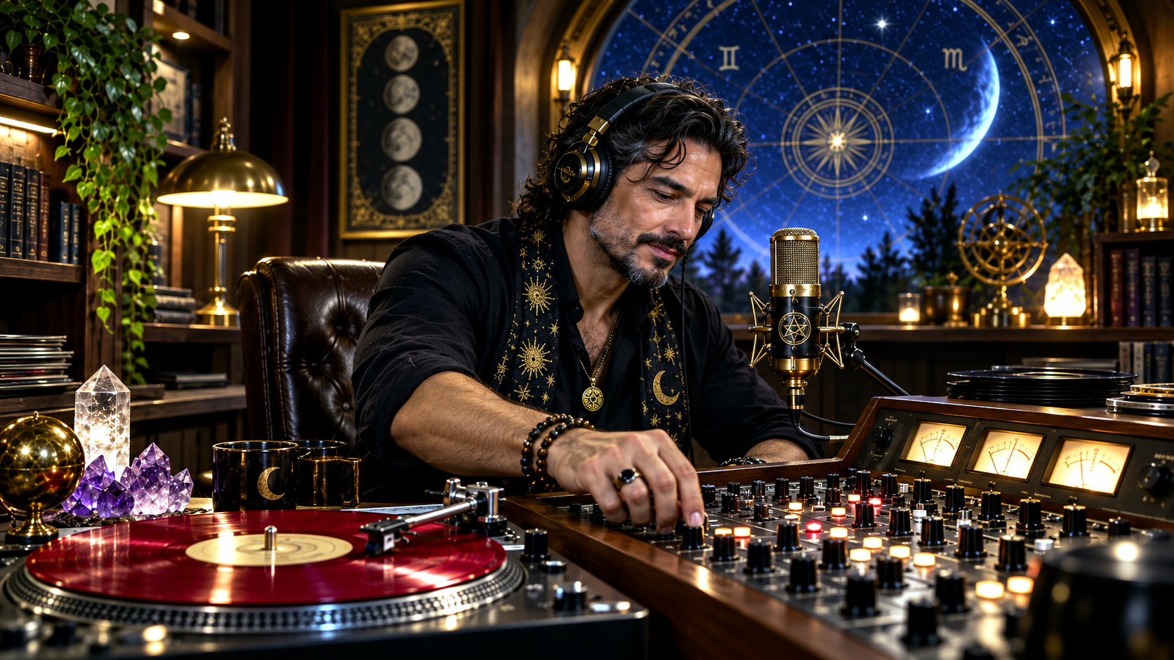 Estúdio Astro-Rádio à luz da lua: Rick Maller na mesa de som da Rádio Oracular sob a roda zodiacal