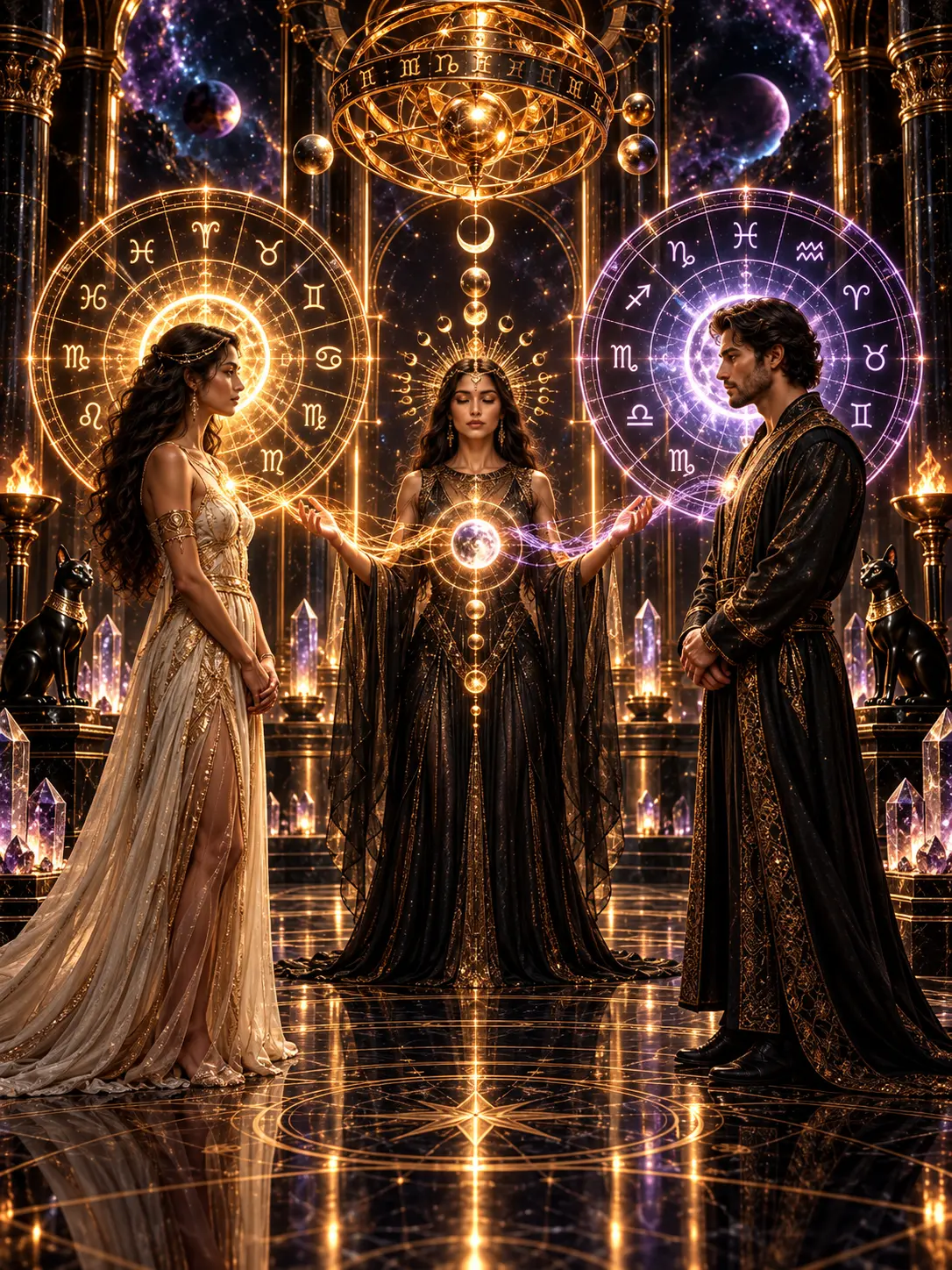 Sinastria Oracular: duas pessoas e uma guia conectando seus mapas astrais no templo cósmico