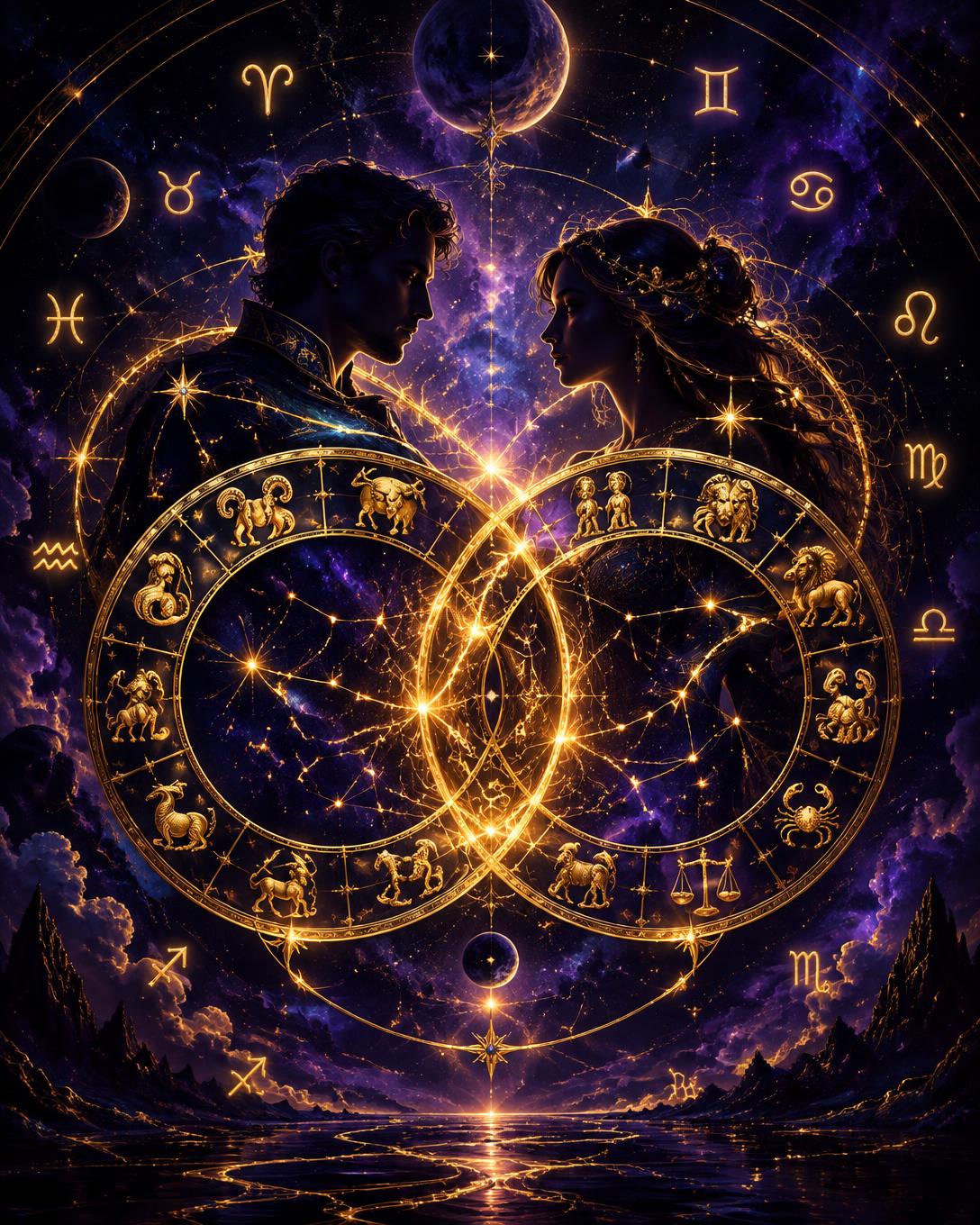 Dois mapas astrais dourados entrelaçados sob um céu estrelado, representando a compatibilidade entre duas pessoas